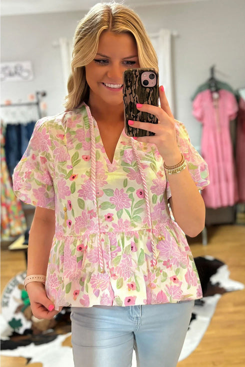 Short Sleeve Botanical Print Drawstring Waist Peplum Blouse
