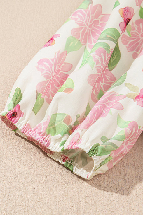 Short Sleeve Botanical Print Drawstring Waist Peplum Blouse