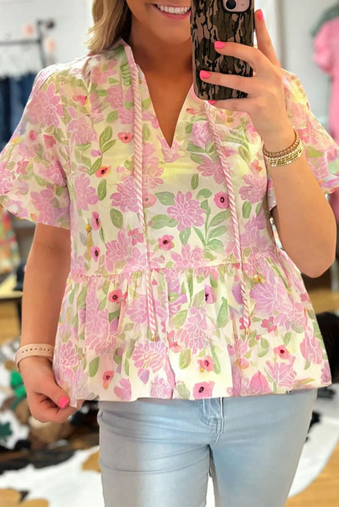 Short Sleeve Botanical Print Drawstring Waist Peplum Blouse