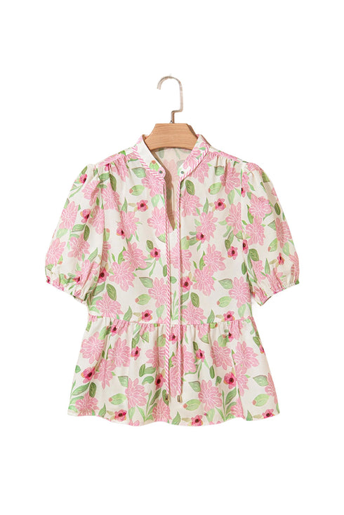 Short Sleeve Botanical Print Drawstring Waist Peplum Blouse