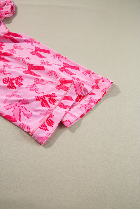 Short Sleeve Bow Print Button Down Pajama Set