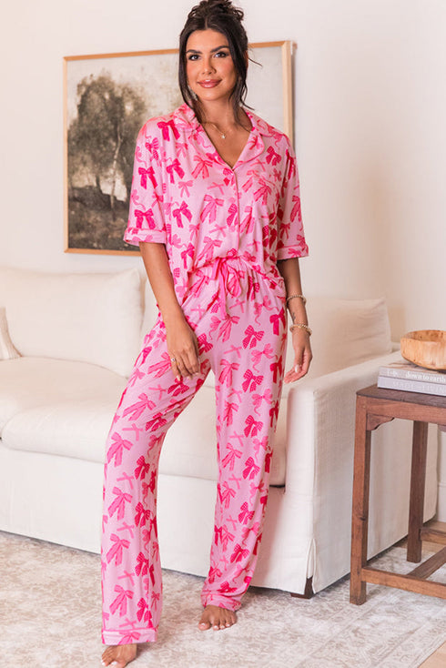 Short Sleeve Bow Print Button Down Pajama Set