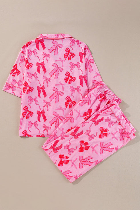 Short Sleeve Bow Print Button Down Pajama Set