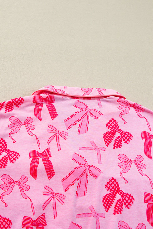 Short Sleeve Bow Print Button Down Pajama Set