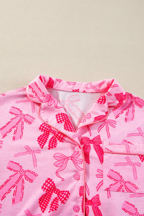 Short Sleeve Bow Print Button Down Pajama Set