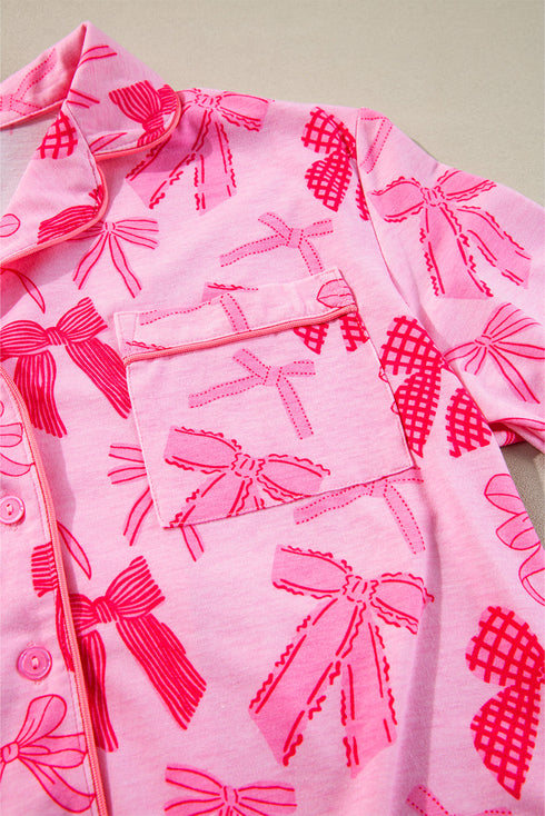 Short Sleeve Bow Print Button Down Pajama Set