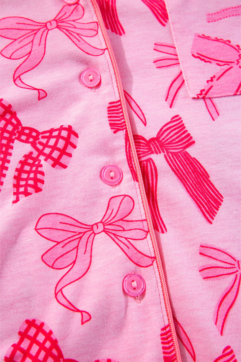 Short Sleeve Bow Print Button Down Pajama Set