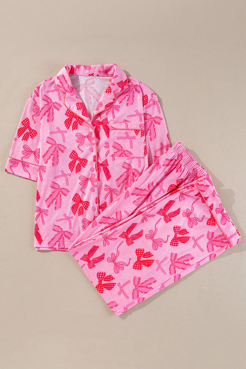 Short Sleeve Bow Print Button Down Pajama Set
