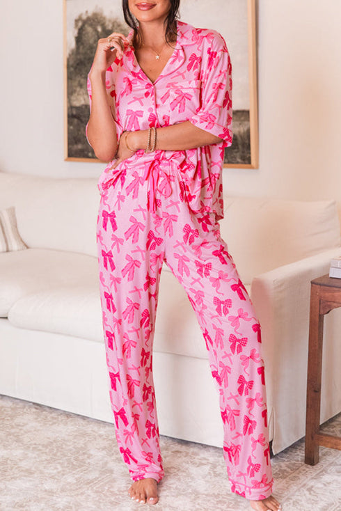 Short Sleeve Bow Print Button Down Pajama Set