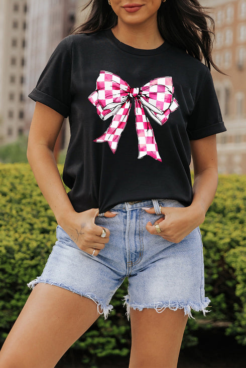 Short Sleeve Bowknot Graphic Crew Neck Tee Shirt