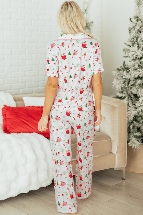 Short Sleeve Button Up Wide Leg Pajama Set