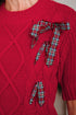 Short Sleeve Cable Knit Sweater With Plaid Bow Accents
