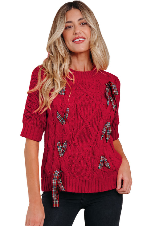 Short Sleeve Cable Knit Sweater With Plaid Bow Accents