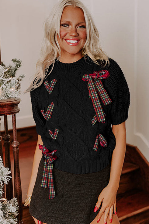 Short Sleeve Cable Knit Sweater With Plaid Bow Accents