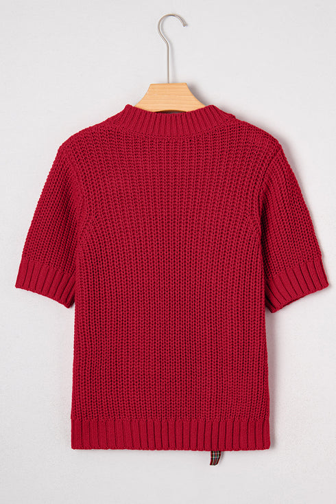Short Sleeve Cable Knit Sweater With Plaid Bow Accents