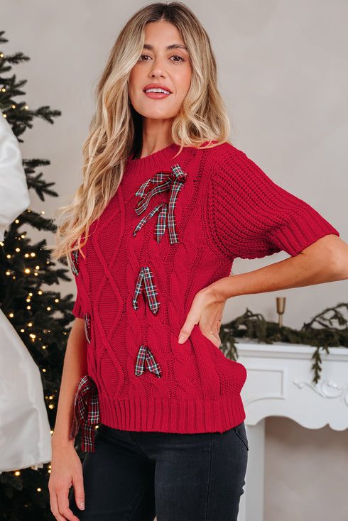 Short Sleeve Cable Knit Sweater With Plaid Bow Accents