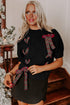 Short Sleeve Cable Knit Sweater With Plaid Bow Accents