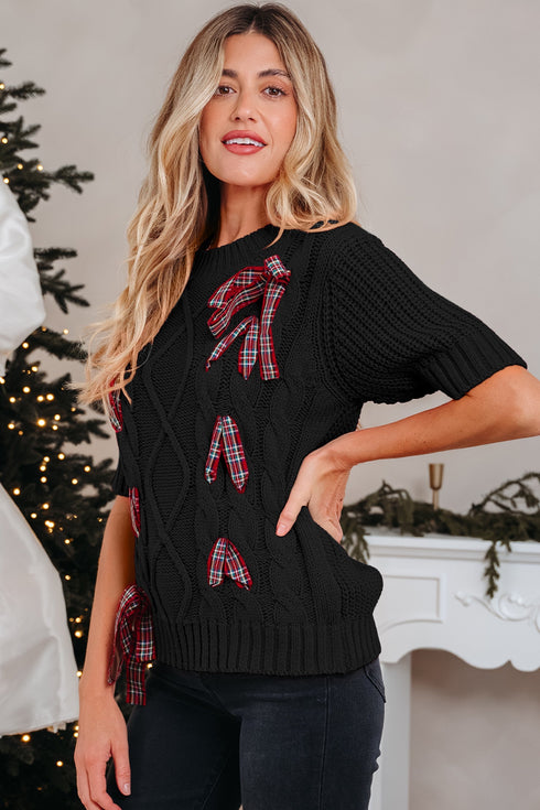 Short Sleeve Cable Knit Sweater With Plaid Bow Accents