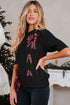 Short Sleeve Cable Knit Sweater With Plaid Bow Accents
