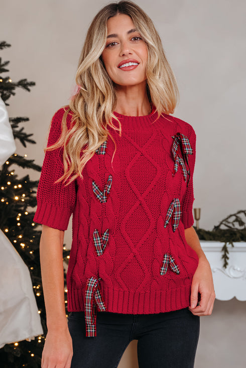 Short Sleeve Cable Knit Sweater With Plaid Bow Accents