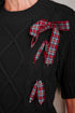 Short Sleeve Cable Knit Sweater With Plaid Bow Accents
