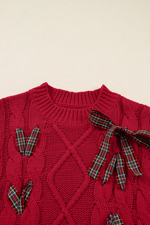 Short Sleeve Cable Knit Sweater With Plaid Bow Accents