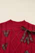 Short Sleeve Cable Knit Sweater With Plaid Bow Accents