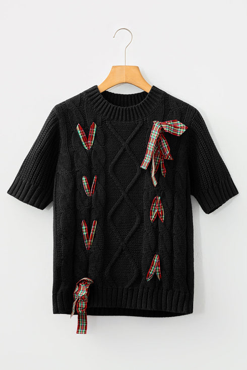 Short Sleeve Cable Knit Sweater With Plaid Bow Accents