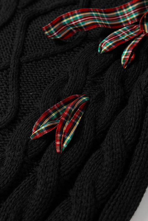 Short Sleeve Cable Knit Sweater With Plaid Bow Accents