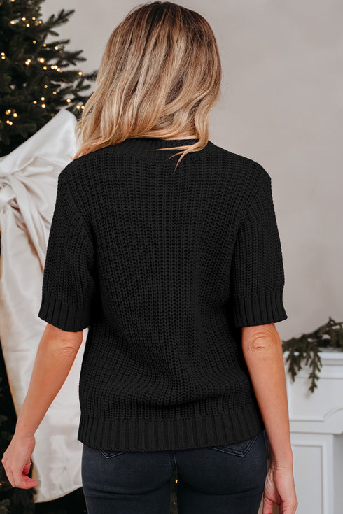 Short Sleeve Cable Knit Sweater With Plaid Bow Accents