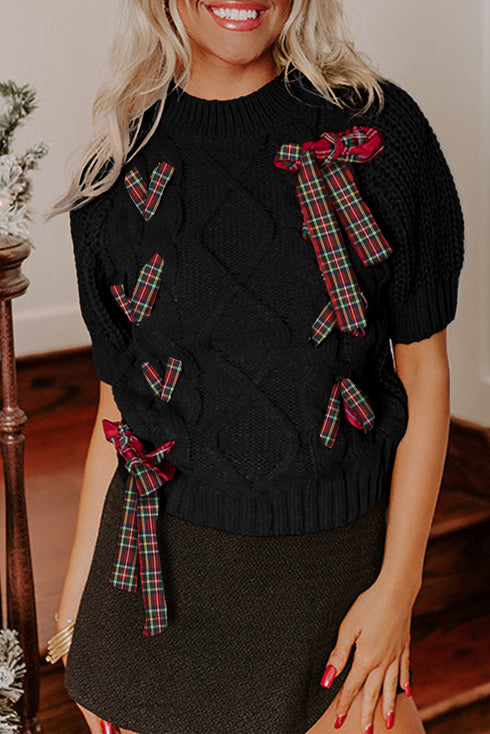 Short Sleeve Cable Knit Sweater With Plaid Bow Accents