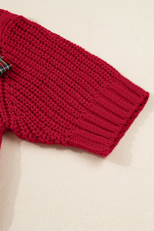 Short Sleeve Cable Knit Sweater With Plaid Bow Accents