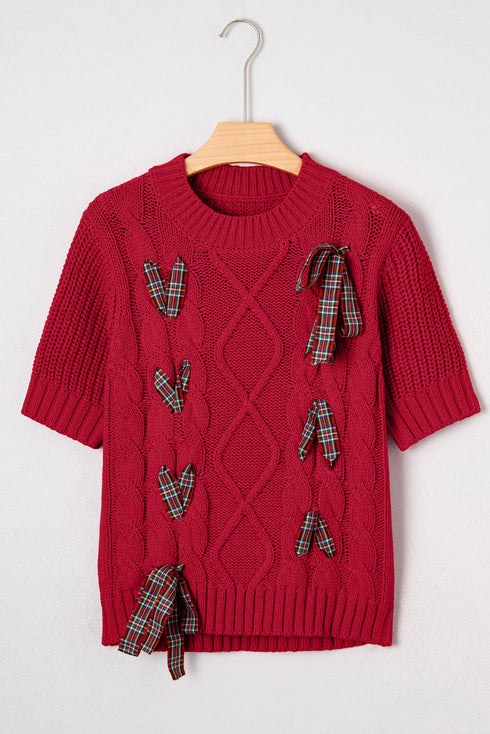 Short Sleeve Cable Knit Sweater With Plaid Bow Accents