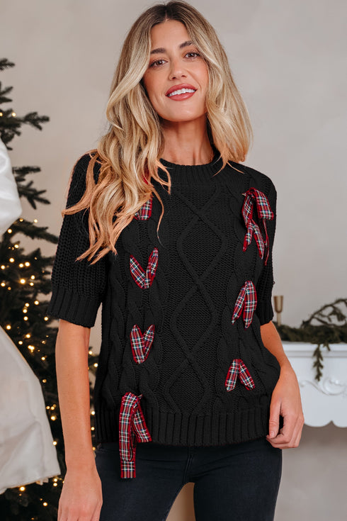 Short Sleeve Cable Knit Sweater With Plaid Bow Accents