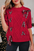 Short Sleeve Cable Knit Sweater With Plaid Bow Accents