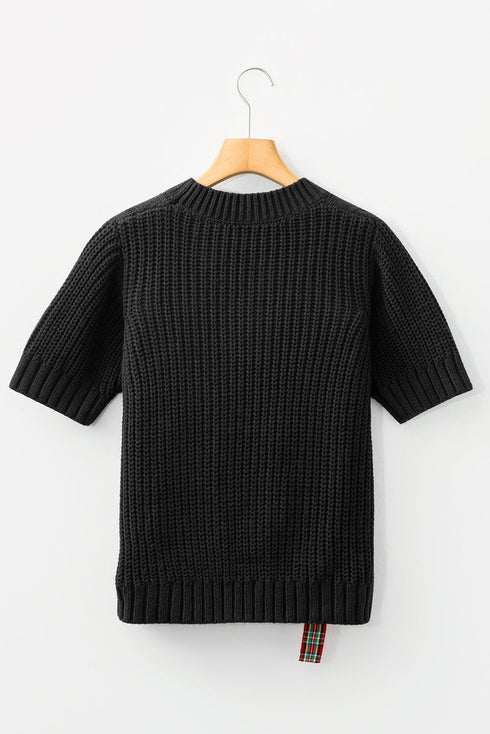 Short Sleeve Cable Knit Sweater With Plaid Bow Accents