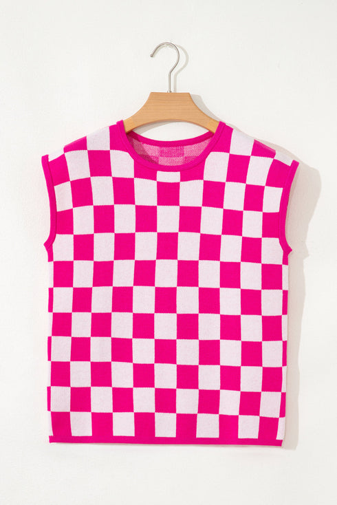 Short Sleeve Checkerboard Pattern Lightweight Knit Sweater