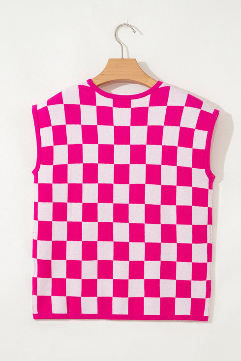 Short Sleeve Checkerboard Pattern Lightweight Knit Sweater