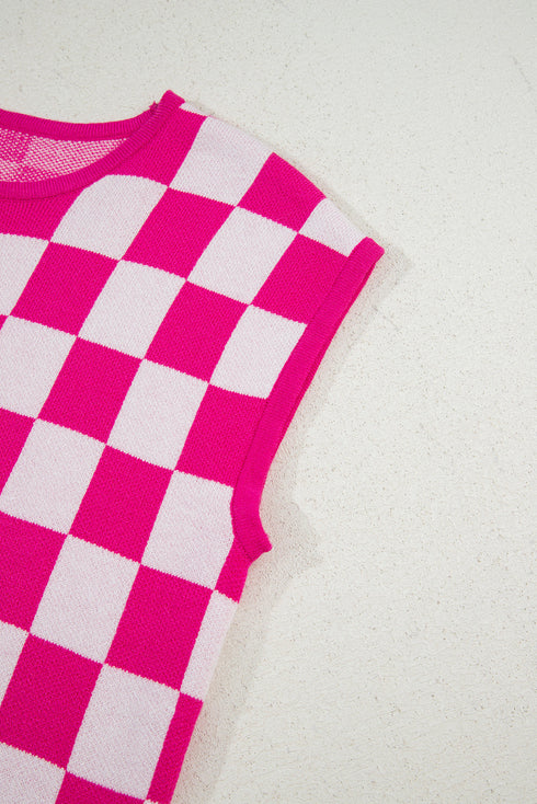 Short Sleeve Checkerboard Pattern Lightweight Knit Sweater