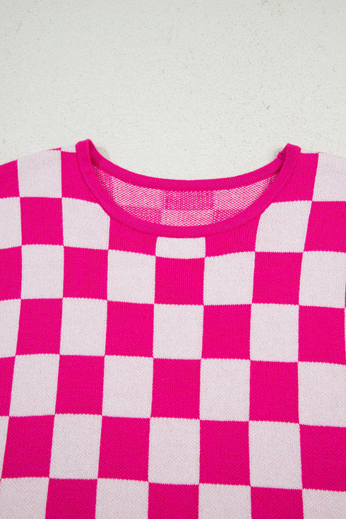 Short Sleeve Checkerboard Pattern Lightweight Knit Sweater