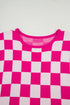 Short Sleeve Checkerboard Pattern Lightweight Knit Sweater