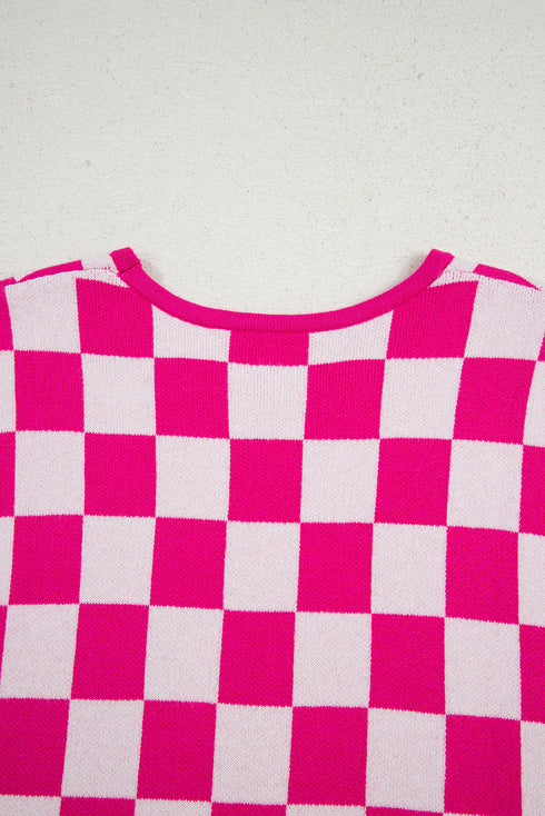 Short Sleeve Checkerboard Pattern Lightweight Knit Sweater