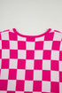 Short Sleeve Checkerboard Pattern Lightweight Knit Sweater
