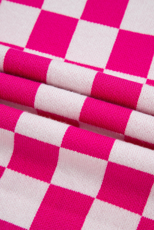 Short Sleeve Checkerboard Pattern Lightweight Knit Sweater