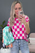 Short Sleeve Checkerboard Pattern Lightweight Knit Sweater