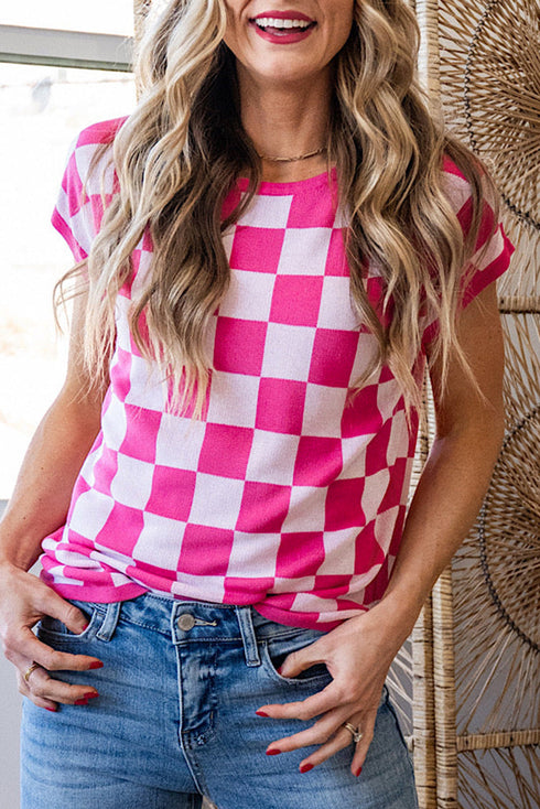 Short Sleeve Checkerboard Pattern Lightweight Knit Sweater