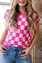 Short Sleeve Checkerboard Pattern Lightweight Knit Sweater