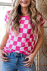 Short Sleeve Checkerboard Pattern Lightweight Knit Sweater