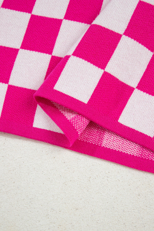 Short Sleeve Checkerboard Pattern Lightweight Knit Sweater