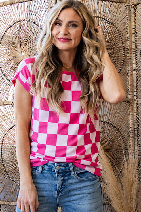 Short Sleeve Checkerboard Pattern Lightweight Knit Sweater